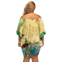 Hawaiian Alohawaii Family Matching Off Shoulder Short Dress and Hawaiian Shirt Tropical Plants and Animals on The Beach LT03 - Polynesian Pride