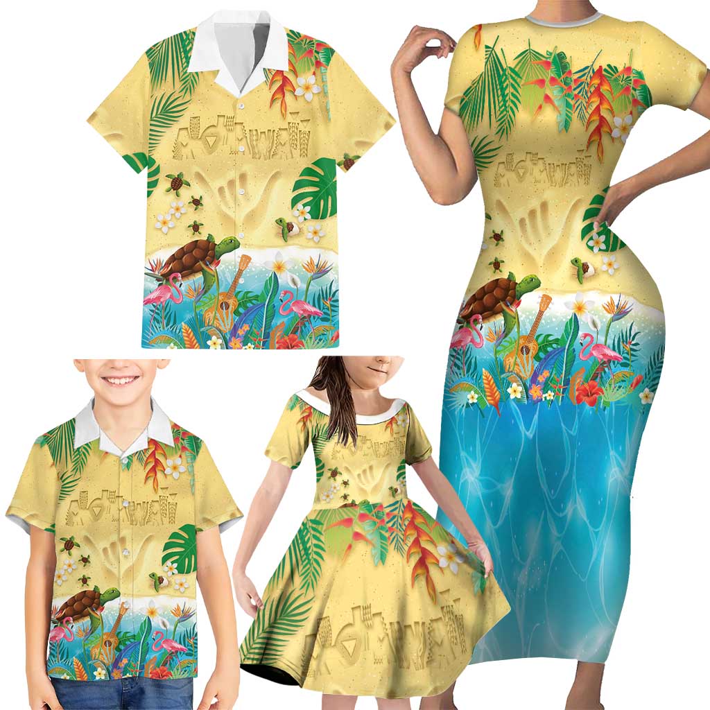 Hawaiian Alohawaii Family Matching Short Sleeve Bodycon Dress and Hawaiian Shirt Tropical Plants and Animals on The Beach - Polynesian Pride