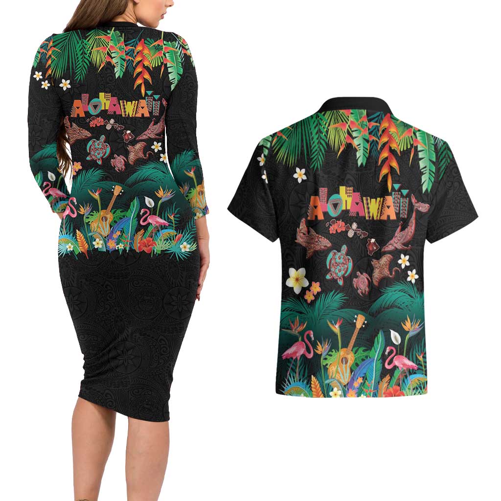 Hawaiian Alohawaii Couples Matching Long Sleeve Bodycon Dress and Hawaiian Shirt Tribal Sea Animals Tattoo and Tropical Plants LT03 - Polynesian Pride