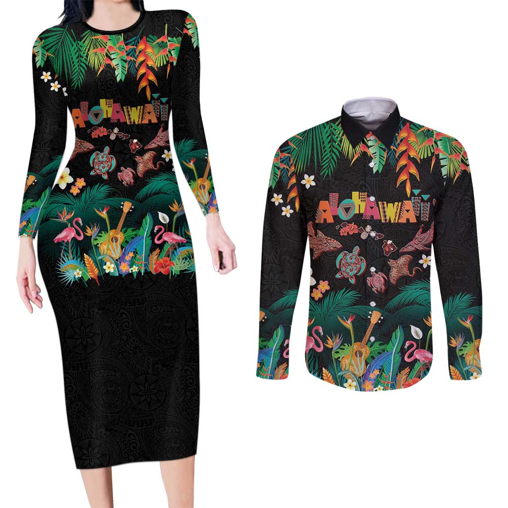 Hawaiian Alohawaii Couples Matching Long Sleeve Bodycon Dress and Long Sleeve Button Shirt Tribal Sea Animals Tattoo and Tropical Plants LT03 Black - Polynesian Pride