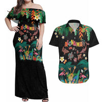 Hawaiian Alohawaii Couples Matching Off Shoulder Maxi Dress and Hawaiian Shirt Tribal Sea Animals Tattoo and Tropical Plants LT03 Black - Polynesian Pride