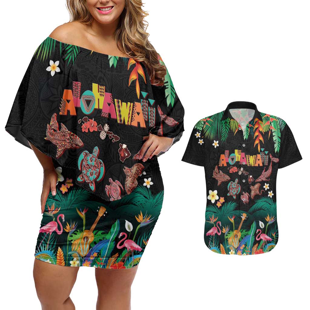 Hawaiian Alohawaii Couples Matching Off Shoulder Short Dress and Hawaiian Shirt Tribal Sea Animals Tattoo and Tropical Plants LT03 Black - Polynesian Pride