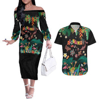 Hawaiian Alohawaii Couples Matching Off The Shoulder Long Sleeve Dress and Hawaiian Shirt Tribal Sea Animals Tattoo and Tropical Plants LT03 Black - Polynesian Pride