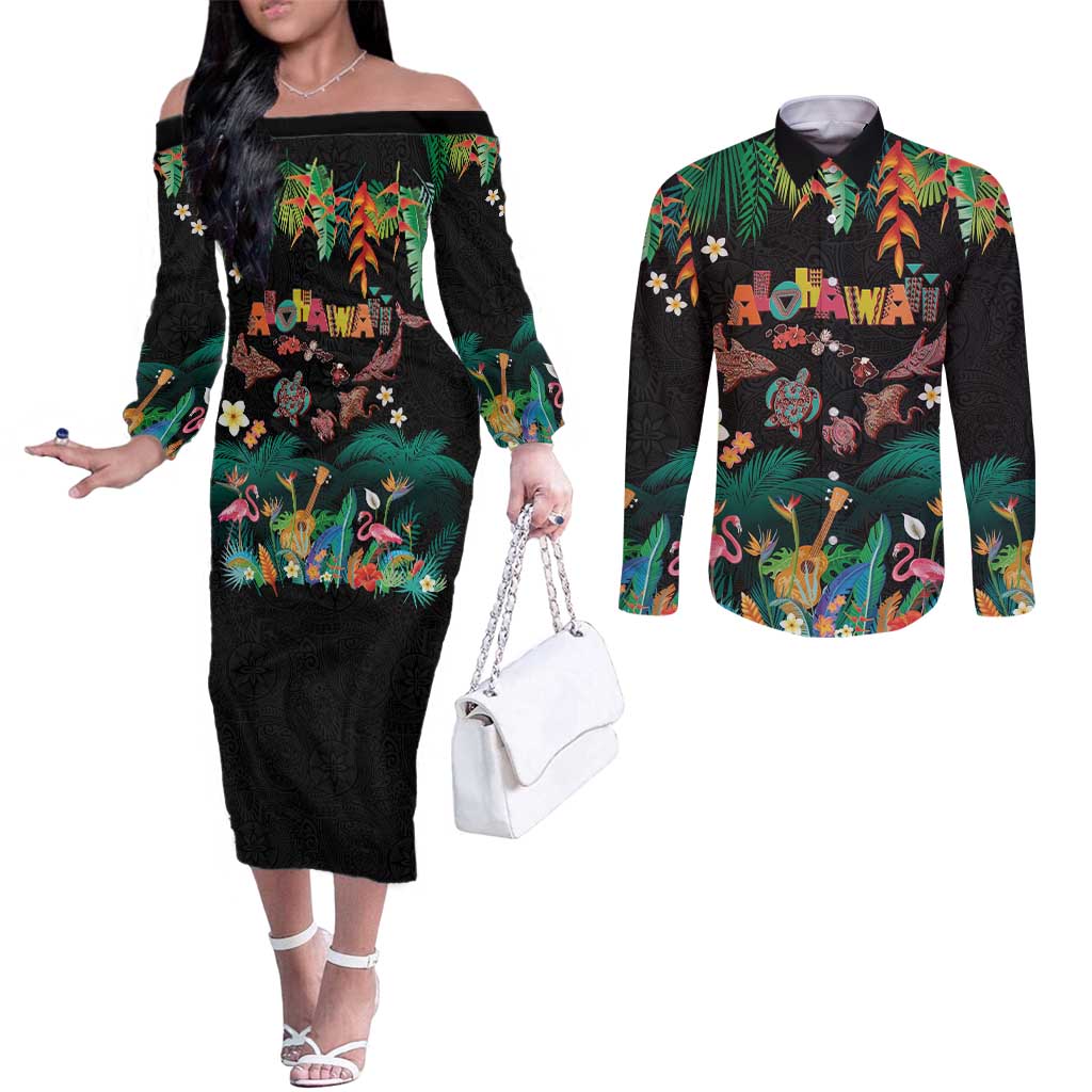 Hawaiian Alohawaii Couples Matching Off The Shoulder Long Sleeve Dress and Long Sleeve Button Shirt Tribal Sea Animals Tattoo and Tropical Plants LT03 Black - Polynesian Pride