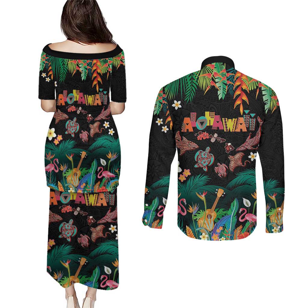 Hawaiian Alohawaii Couples Matching Puletasi and Long Sleeve Button Shirt Tribal Sea Animals Tattoo and Tropical Plants LT03 - Polynesian Pride