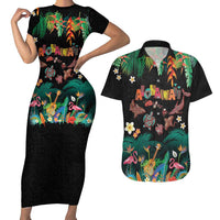 Hawaiian Alohawaii Couples Matching Short Sleeve Bodycon Dress and Hawaiian Shirt Tribal Sea Animals Tattoo and Tropical Plants LT03 Black - Polynesian Pride
