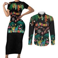 Hawaiian Alohawaii Couples Matching Short Sleeve Bodycon Dress and Long Sleeve Button Shirt Tribal Sea Animals Tattoo and Tropical Plants LT03 Black - Polynesian Pride