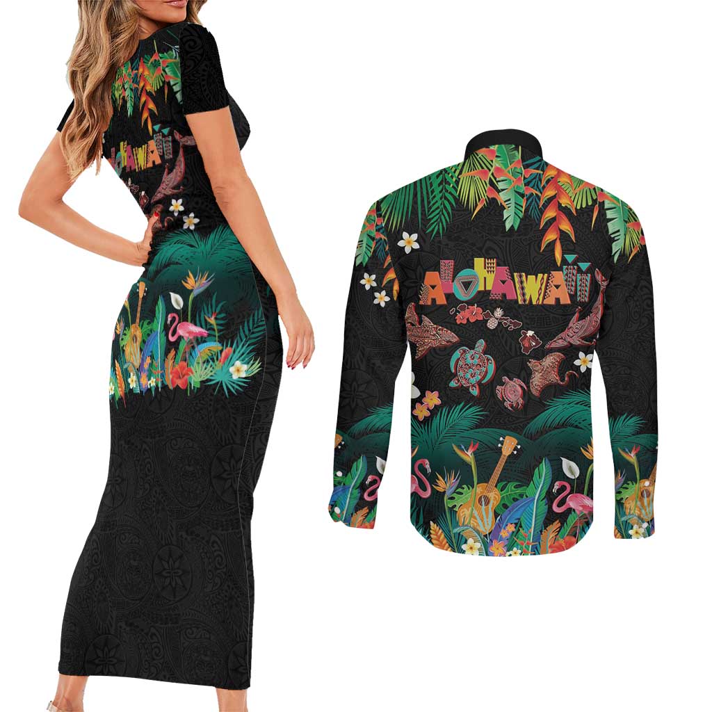 Hawaiian Alohawaii Couples Matching Short Sleeve Bodycon Dress and Long Sleeve Button Shirt Tribal Sea Animals Tattoo and Tropical Plants LT03 - Polynesian Pride