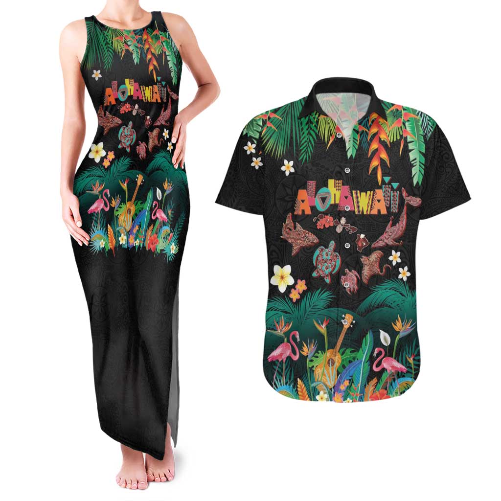 Hawaiian Alohawaii Couples Matching Tank Maxi Dress and Hawaiian Shirt Tribal Sea Animals Tattoo and Tropical Plants LT03 Black - Polynesian Pride