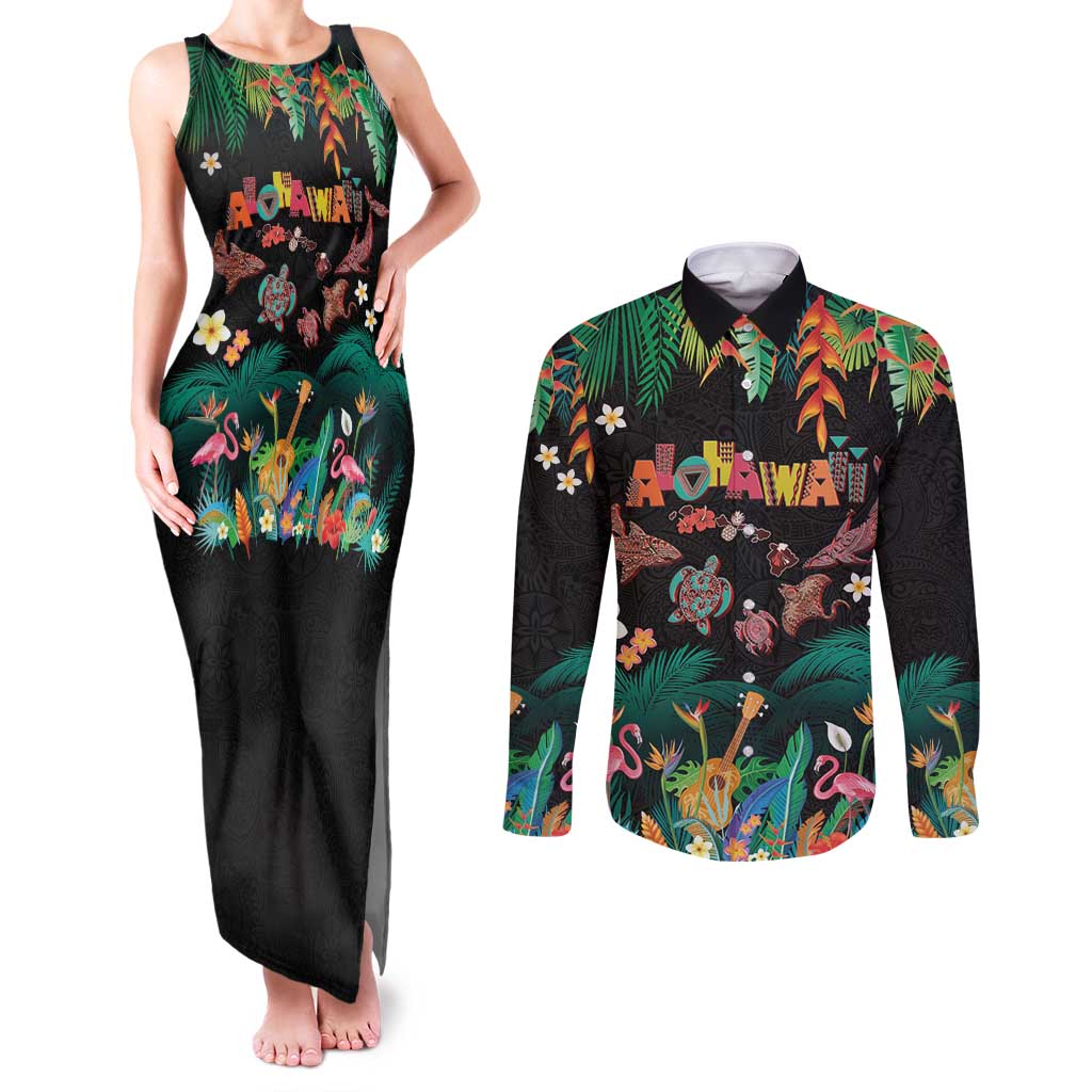 Hawaiian Alohawaii Couples Matching Tank Maxi Dress and Long Sleeve Button Shirt Tribal Sea Animals Tattoo and Tropical Plants LT03 Black - Polynesian Pride