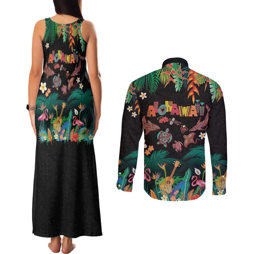Hawaiian Alohawaii Couples Matching Tank Maxi Dress and Long Sleeve Button Shirt Tribal Sea Animals Tattoo and Tropical Plants LT03 - Polynesian Pride