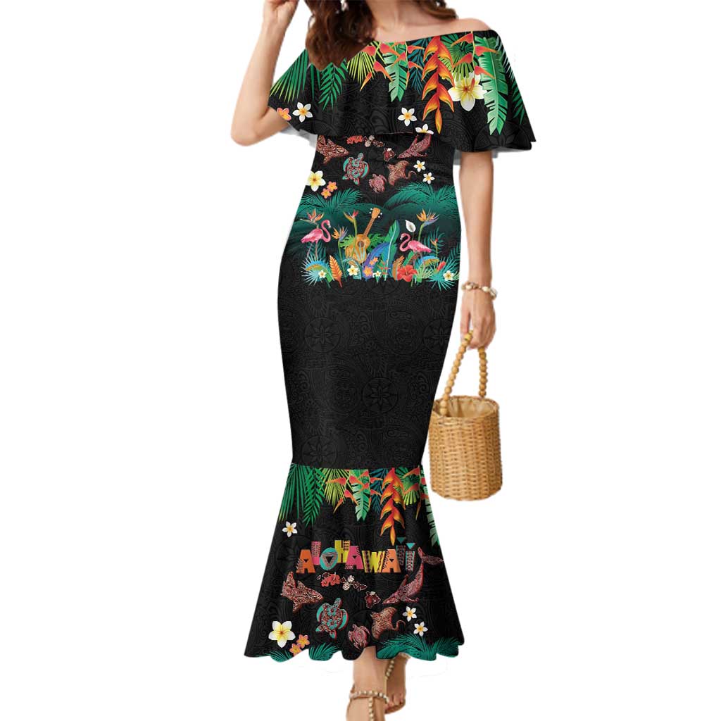 Hawaiian Alohawaii Family Matching Mermaid Dress and Hawaiian Shirt Tribal Sea Animals Tattoo and Tropical Plants LT03 Mom's Dress Black - Polynesian Pride