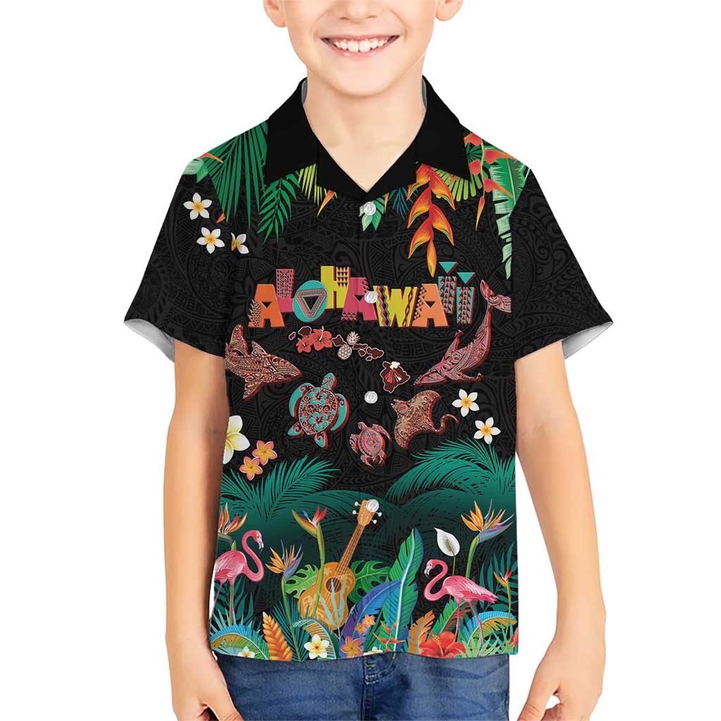 Hawaiian Alohawaii Family Matching Mermaid Dress and Hawaiian Shirt Tribal Sea Animals Tattoo and Tropical Plants LT03 Son's Shirt Black - Polynesian Pride