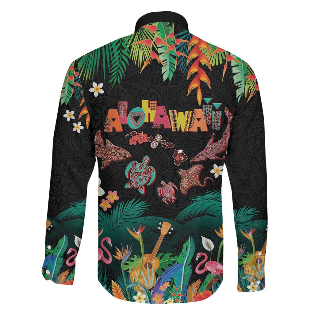 Hawaiian Alohawaii Family Matching Off The Shoulder Long Sleeve Dress and Hawaiian Shirt Tribal Sea Animals Tattoo and Tropical Plants LT03 - Polynesian Pride
