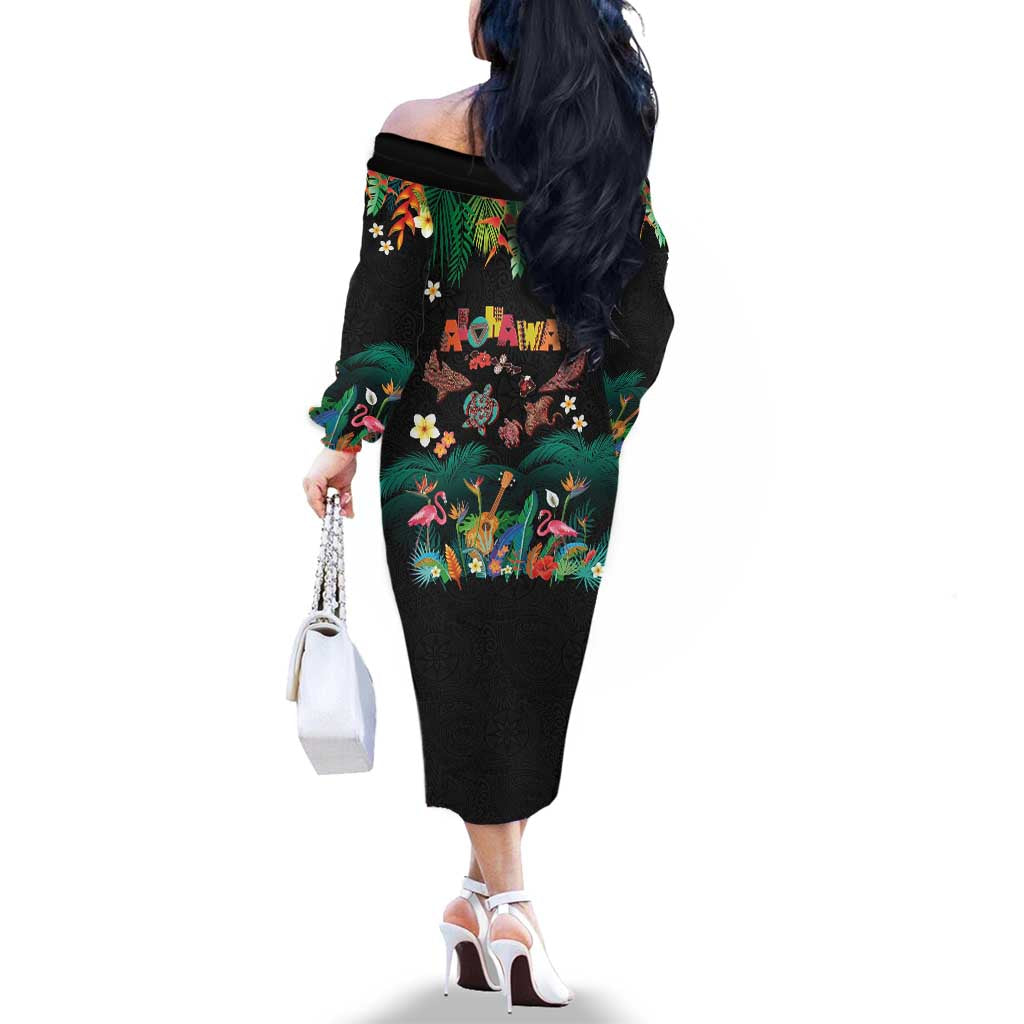 Hawaiian Alohawaii Family Matching Off The Shoulder Long Sleeve Dress and Hawaiian Shirt Tribal Sea Animals Tattoo and Tropical Plants LT03 - Polynesian Pride