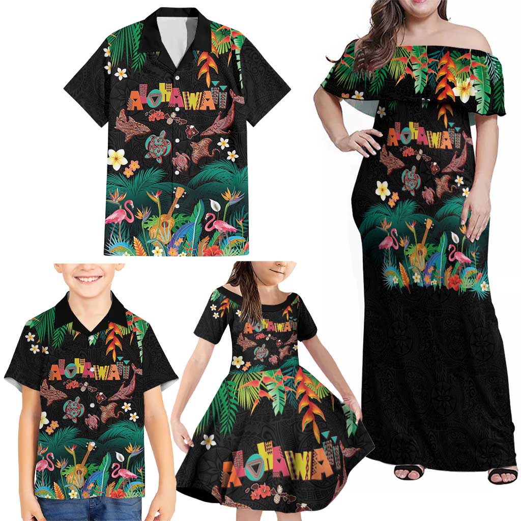 Hawaiian Alohawaii Family Matching Off Shoulder Maxi Dress and Hawaiian Shirt Tribal Sea Animals Tattoo and Tropical Plants LT03 - Polynesian Pride