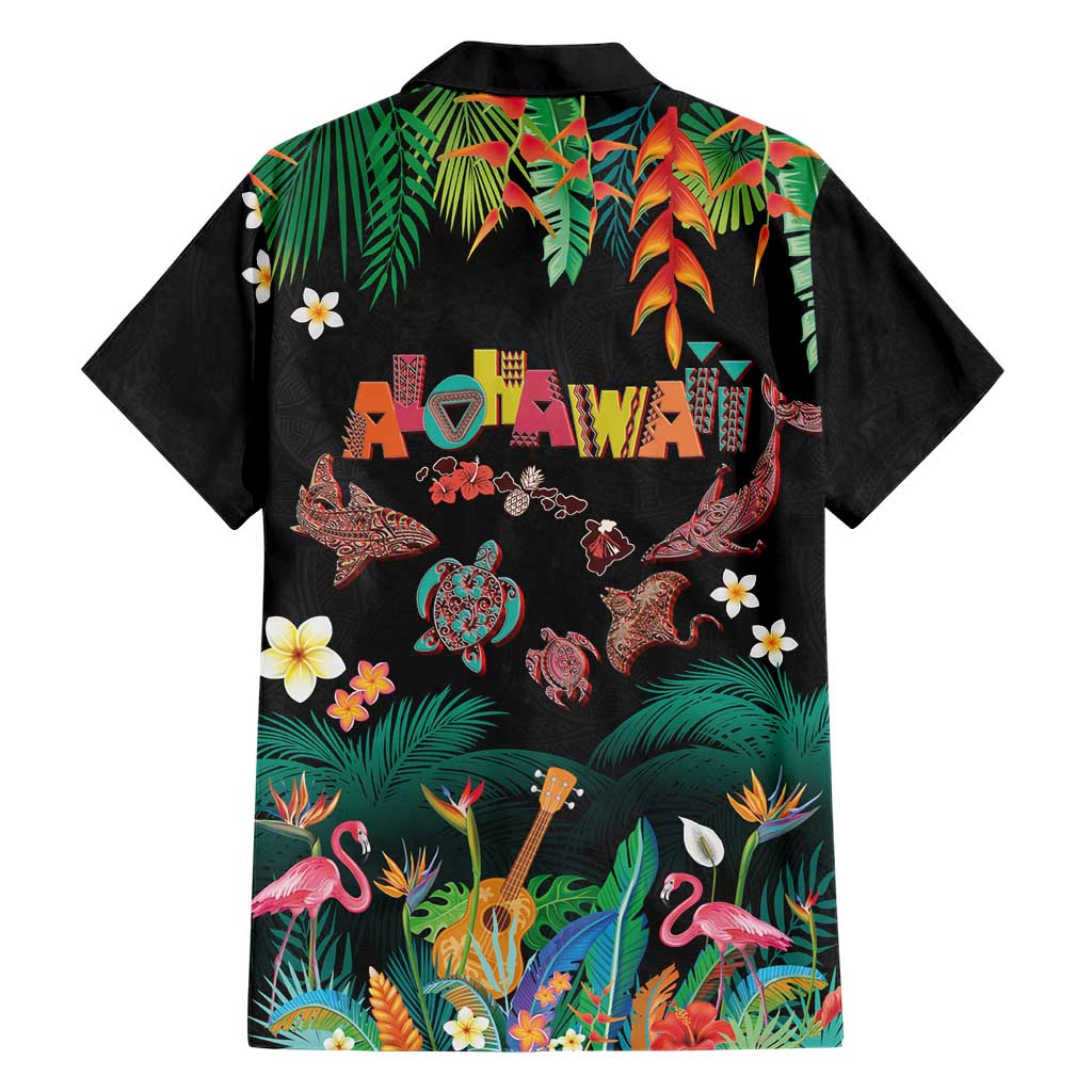 Hawaiian Alohawaii Family Matching Off Shoulder Short Dress and Hawaiian Shirt Tribal Sea Animals Tattoo and Tropical Plants LT03 - Polynesian Pride