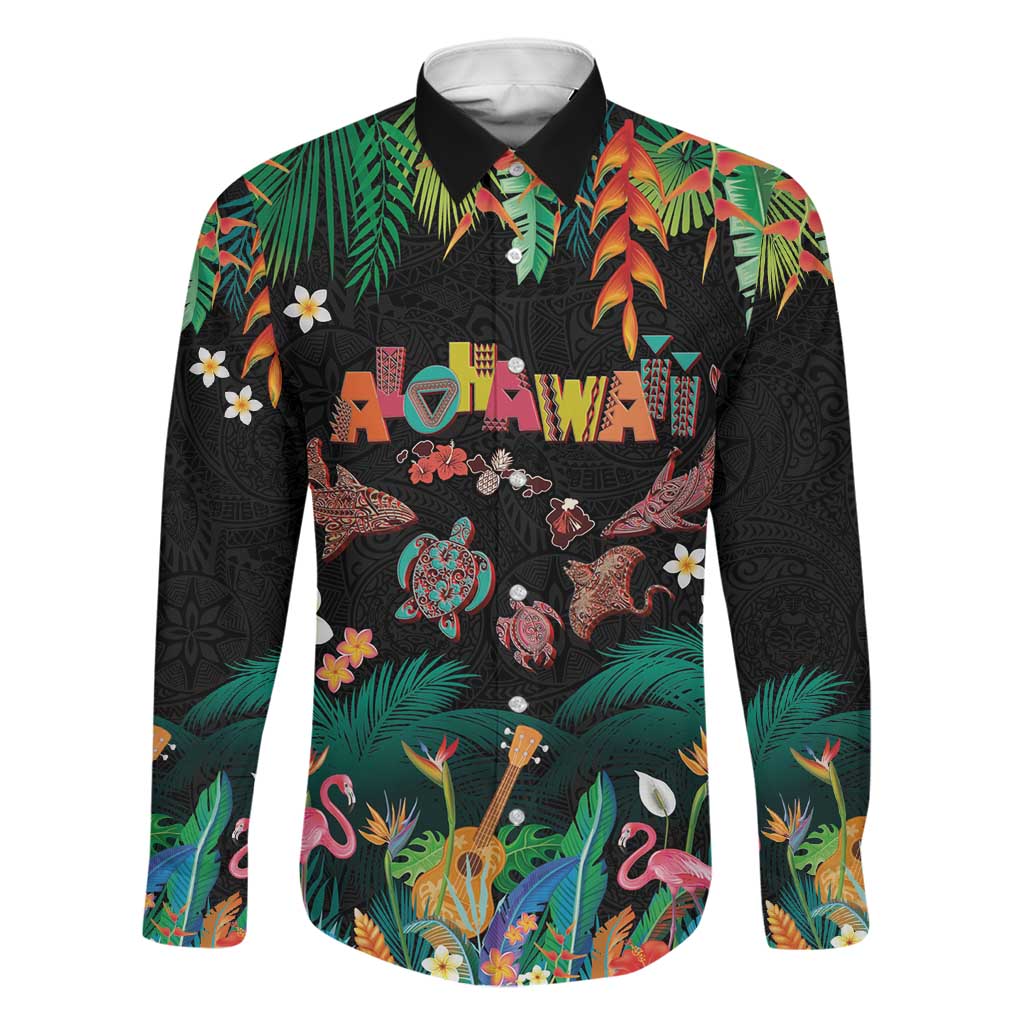 Hawaiian Alohawaii Family Matching Off Shoulder Short Dress and Hawaiian Shirt Tribal Sea Animals Tattoo and Tropical Plants LT03 Dad's Shirt - Long Sleeve Black - Polynesian Pride