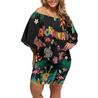 Hawaiian Alohawaii Family Matching Off Shoulder Short Dress and Hawaiian Shirt Tribal Sea Animals Tattoo and Tropical Plants LT03 Mom's Dress Black - Polynesian Pride