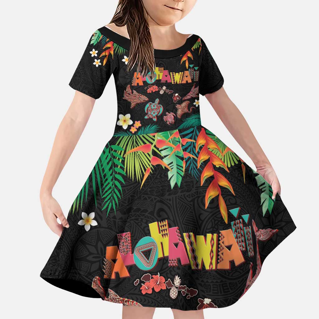 Hawaiian Alohawaii Family Matching Puletasi and Hawaiian Shirt Tribal Sea Animals Tattoo and Tropical Plants LT03 Daughter's Dress Black - Polynesian Pride