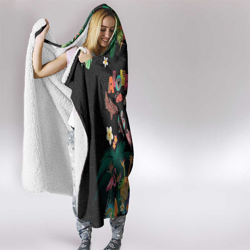 Hawaiian Alohawaii Hooded Blanket Tribal Sea Animals Tattoo and Tropical Plants - Polynesian Pride