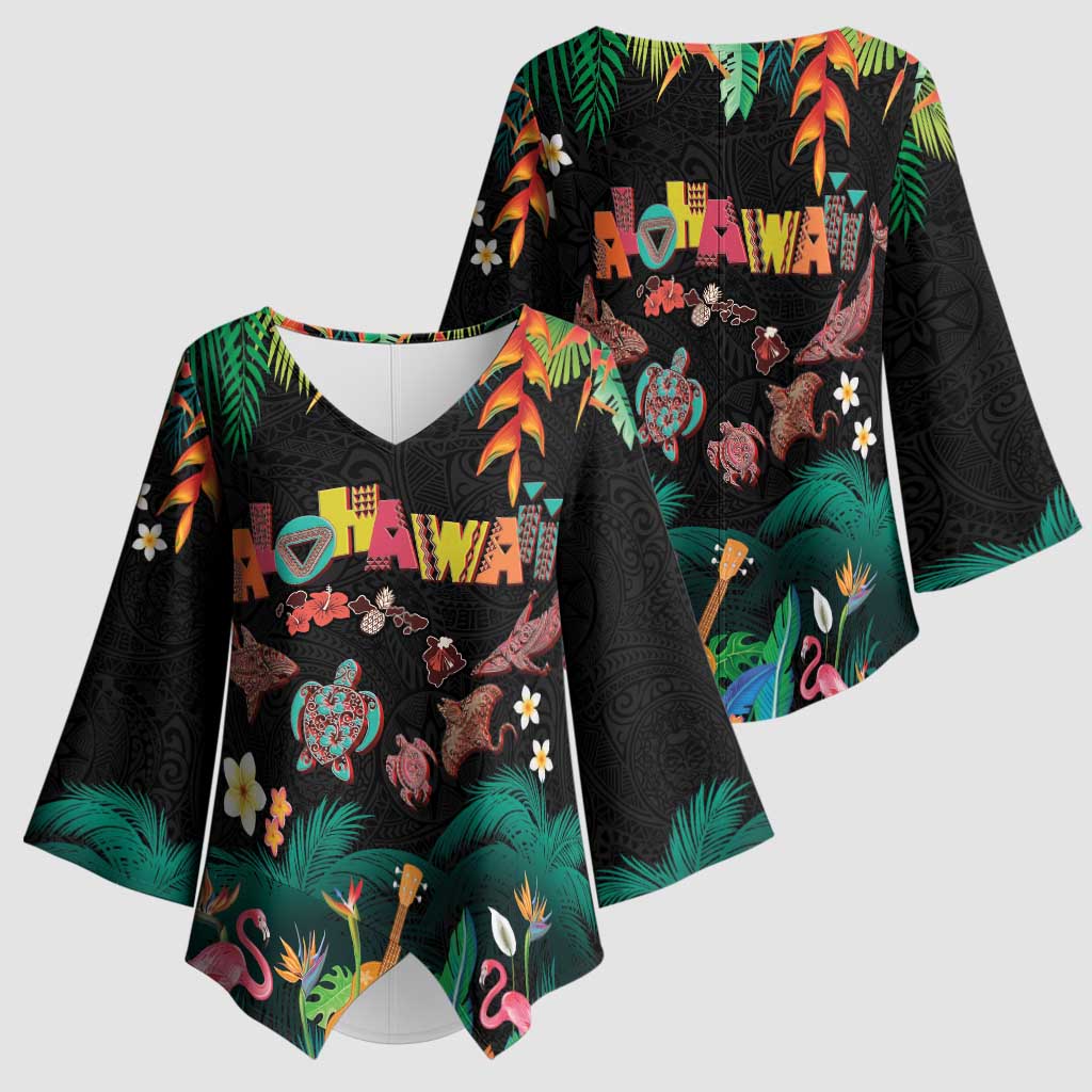 Hawaiian Alohawaii Kimono Sleeve Blouse Tribal Sea Animals Tattoo and Tropical Plants - Polynesian Pride