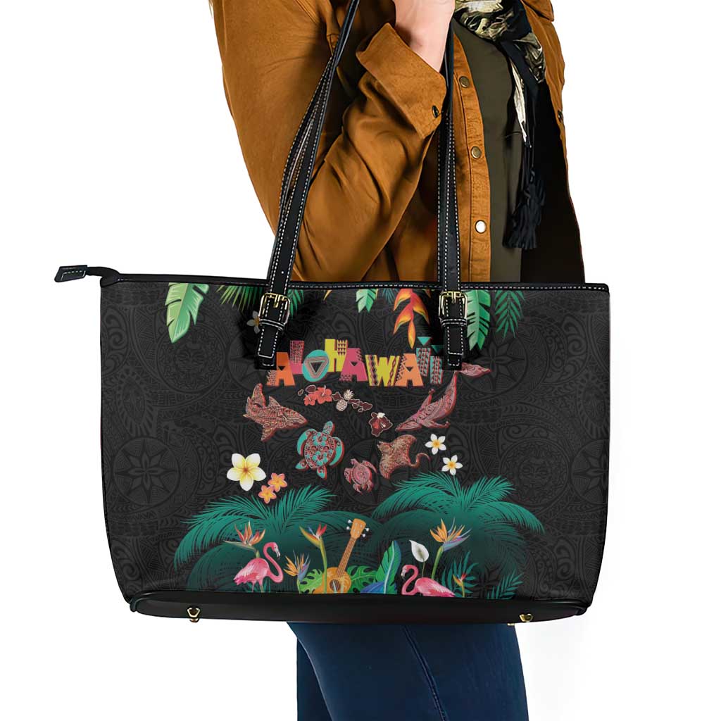 Hawaiian Alohawaii Leather Tote Bag Tribal Sea Animals Tattoo and Tropical Plants - Polynesian Pride