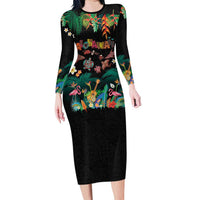 Hawaiian Alohawaii Long Sleeve Bodycon Dress Tribal Sea Animals Tattoo and Tropical Plants LT03 Long Dress Black - Polynesian Pride