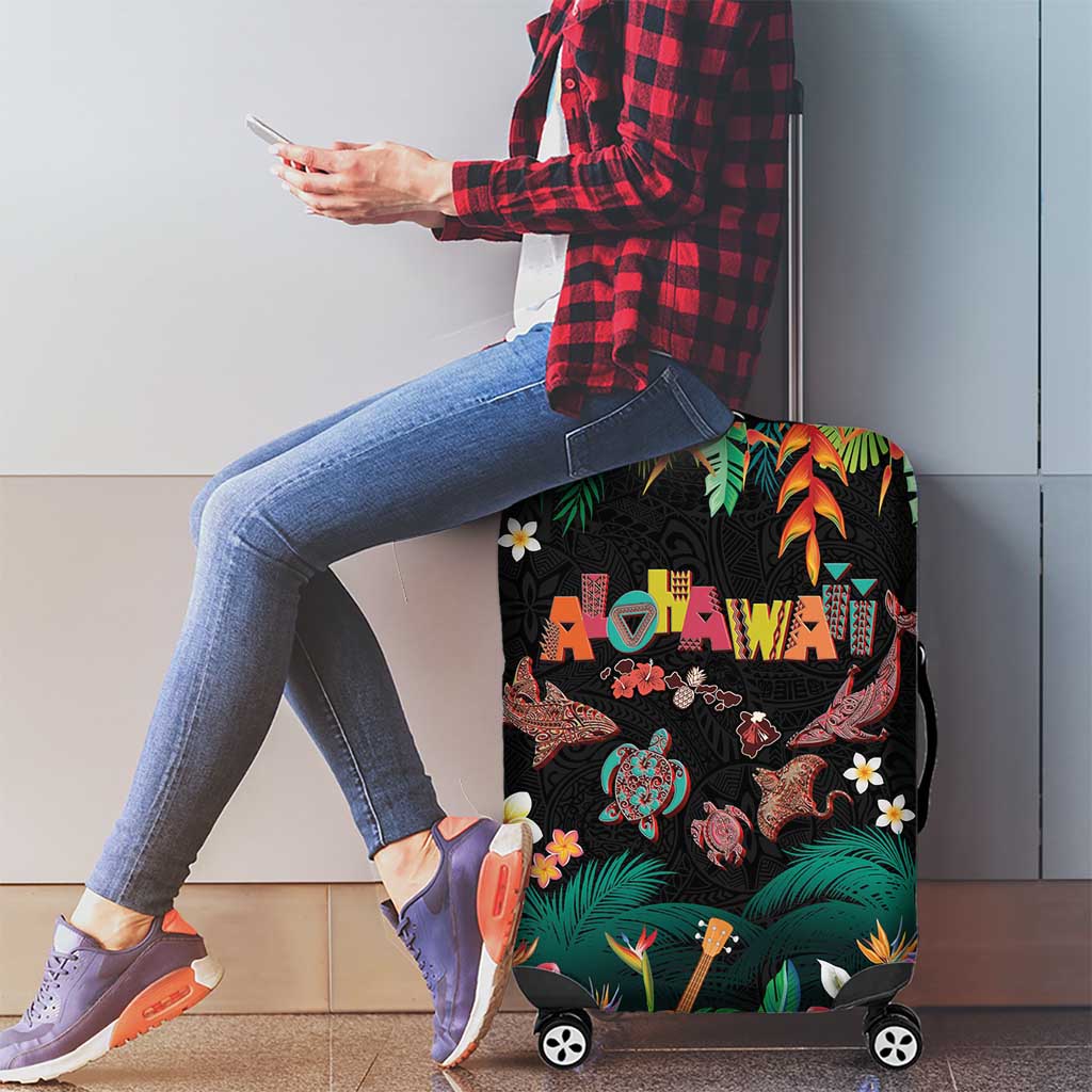 Hawaiian Alohawaii Luggage Cover Tribal Sea Animals Tattoo and Tropical Plants - Polynesian Pride