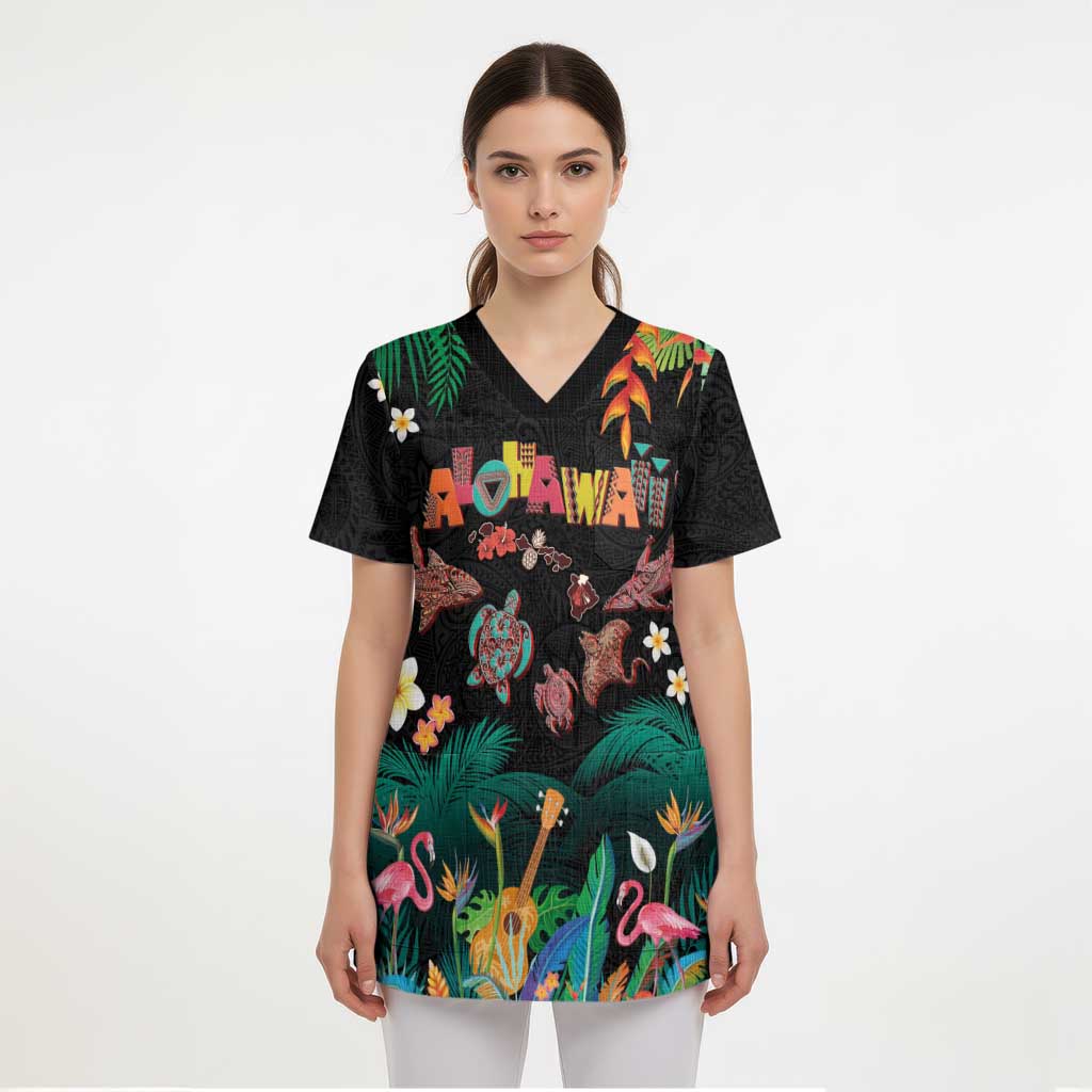Hawaiian Alohawaii Scrub Top Tribal Sea Animals Tattoo and Tropical Plants LT03 - Polynesian Pride