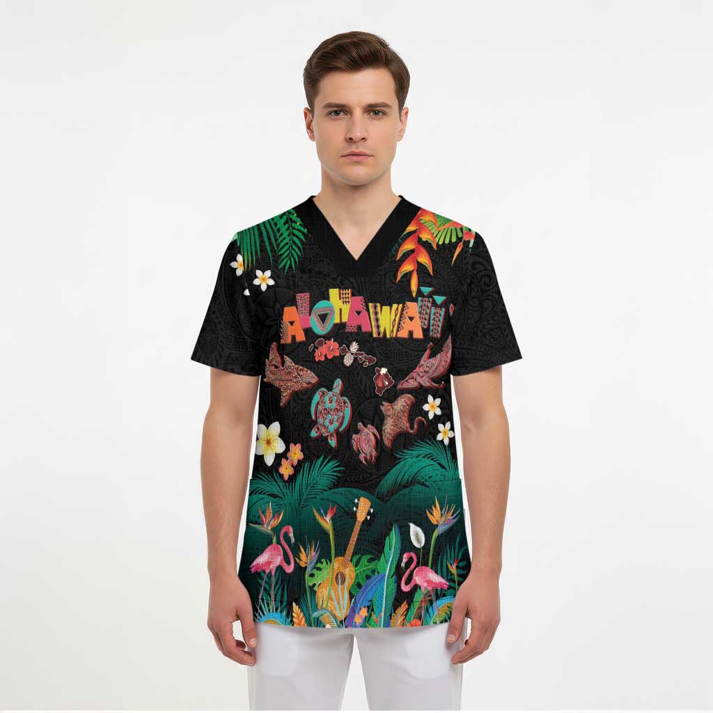 Hawaiian Alohawaii Scrub Top Tribal Sea Animals Tattoo and Tropical Plants LT03 - Polynesian Pride