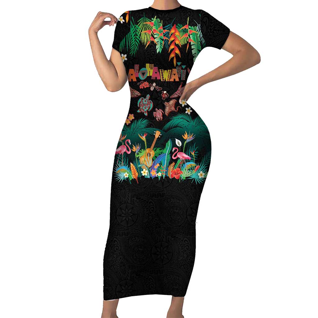 Hawaiian Alohawaii Short Sleeve Bodycon Dress Tribal Sea Animals Tattoo and Tropical Plants LT03 Long Dress Black - Polynesian Pride