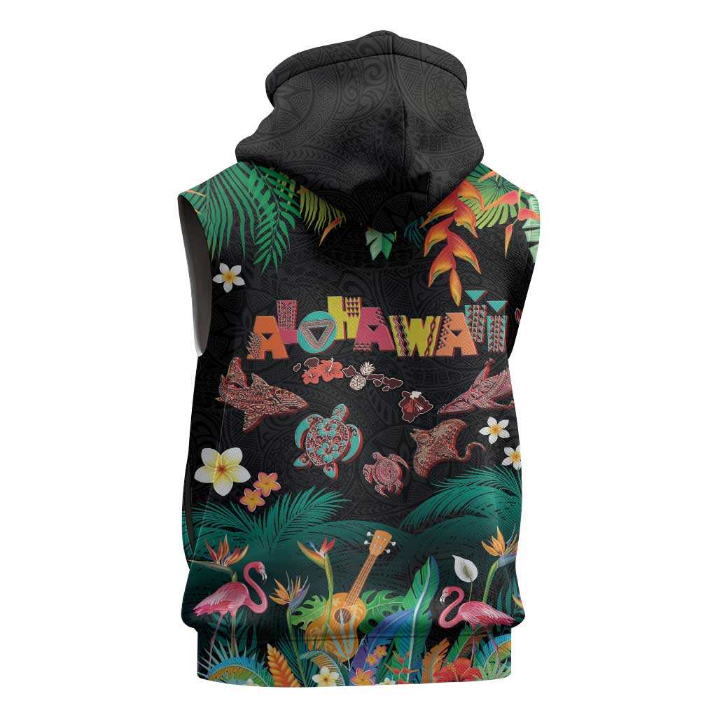 Hawaiian Alohawaii Sleeveless Hoodie Tribal Sea Animals Tattoo and Tropical Plants LT03 - Polynesian Pride