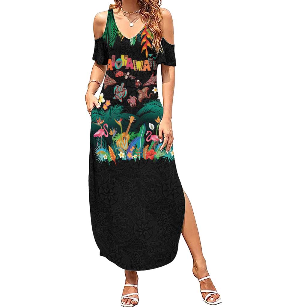 Hawaiian Alohawaii Summer Maxi Dress Tribal Sea Animals Tattoo and Tropical Plants - Polynesian Pride