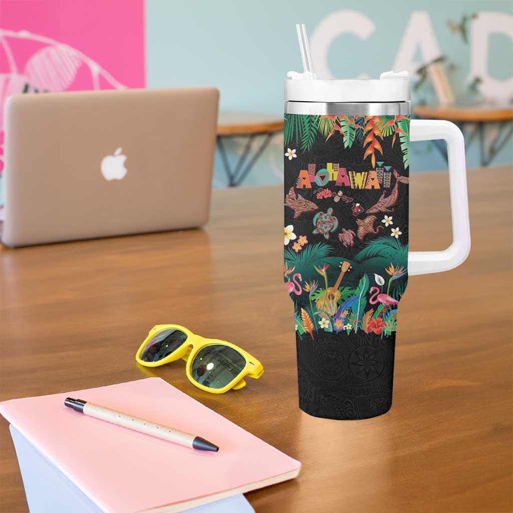 Hawaiian Alohawaii Tumbler With Handle Tribal Sea Animals Tattoo and Tropical Plants - Polynesian Pride