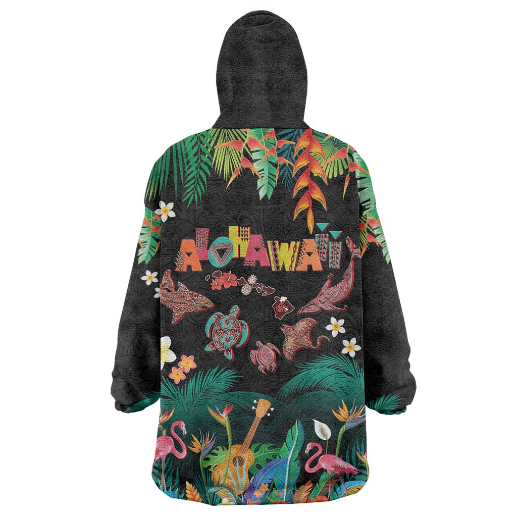 Hawaiian Alohawaii Wearable Blanket Hoodie Tribal Sea Animals Tattoo and Tropical Plants LT03 - Polynesian Pride