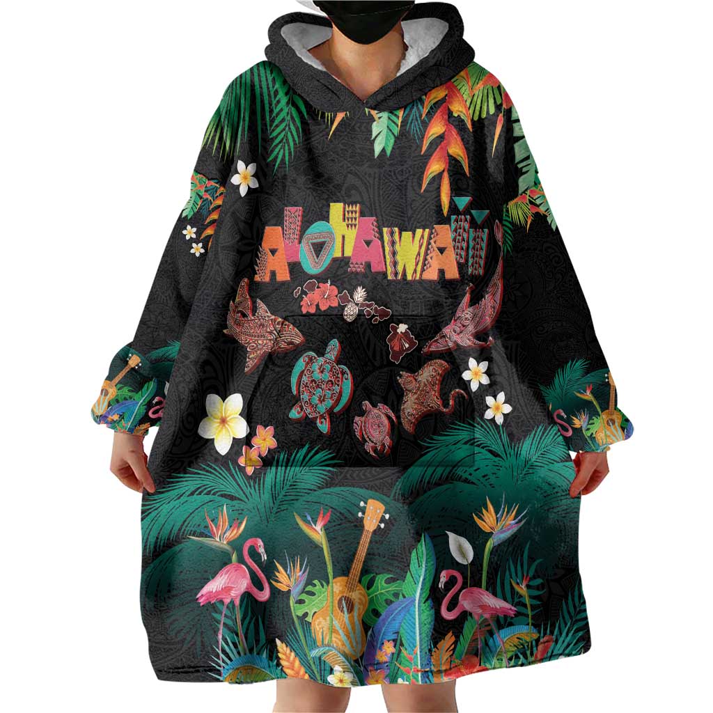 Hawaiian Alohawaii Wearable Blanket Hoodie Tribal Sea Animals Tattoo and Tropical Plants LT03 - Polynesian Pride