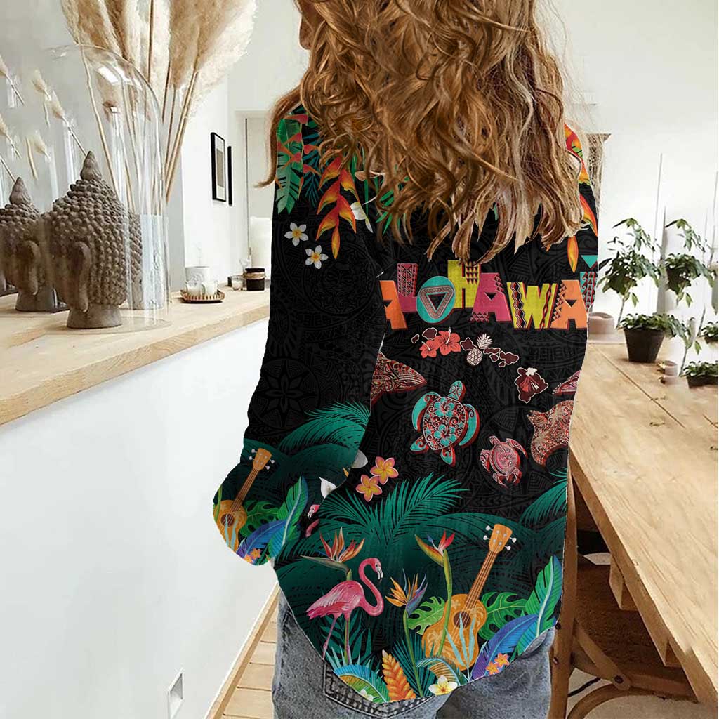 Hawaiian Alohawaii Women Casual Shirt Tribal Sea Animals Tattoo and Tropical Plants LT03 - Polynesian Pride
