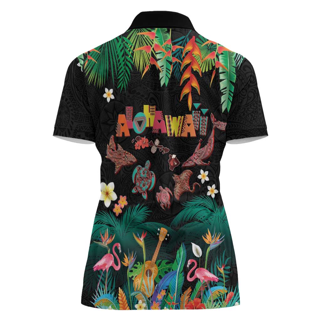 Hawaiian Alohawaii Women Polo Shirt Tribal Sea Animals Tattoo and Tropical Plants LT03 - Polynesian Pride