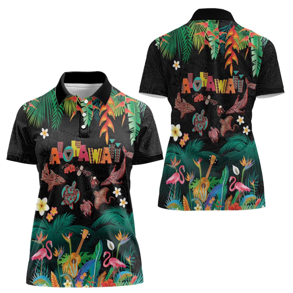 Hawaiian Alohawaii Women Polo Shirt Tribal Sea Animals Tattoo and Tropical Plants LT03 - Polynesian Pride