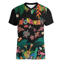 Hawaiian Alohawaii Women V-Neck T-Shirt Tribal Sea Animals Tattoo and Tropical Plants LT03 Female Black - Polynesian Pride