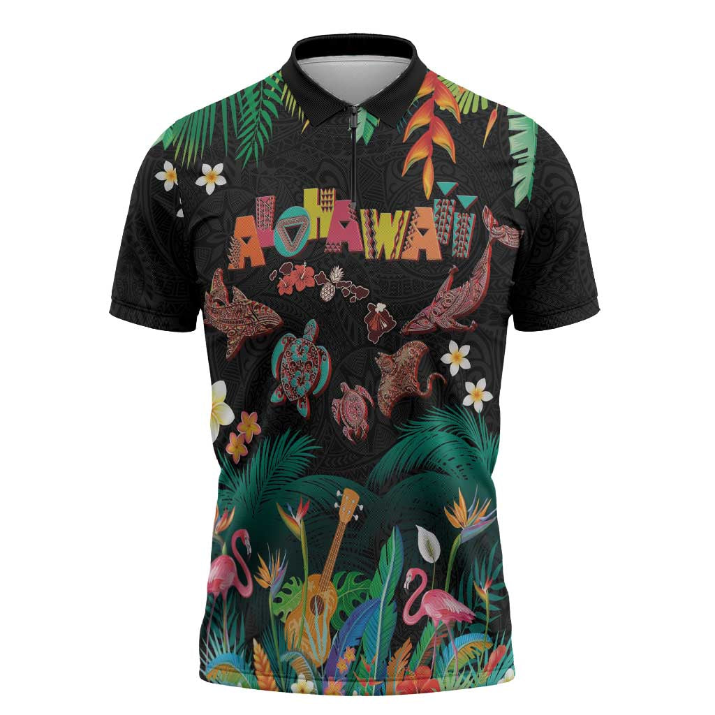 Hawaiian Alohawaii Zipper Polo Shirt Tribal Sea Animals Tattoo and Tropical Plants LT03 Black - Polynesian Pride