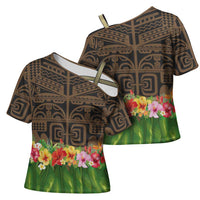 Hawaiian Hula Costume Cross Shoulder Shirt Tribal Tattoo and Tropical Plants Skirt - Polynesian Pride