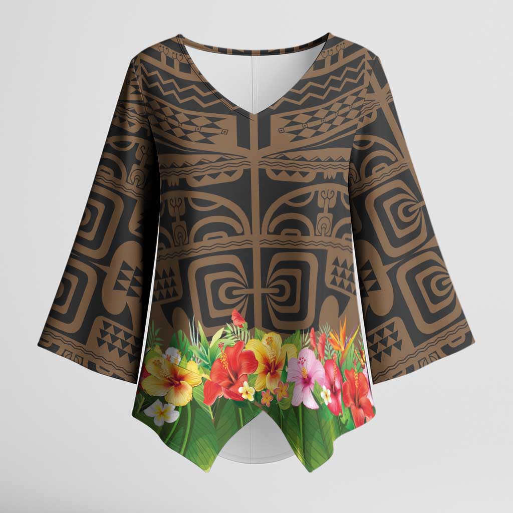 Hawaiian Hula Costume Kimono Sleeve Blouse Tribal Tattoo and Tropical Plants Skirt LT03 Female Brown - Polynesian Pride
