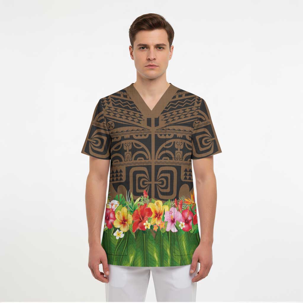 Hawaiian Hula Costume Scrub Top Tribal Tattoo and Tropical Plants Skirt - Polynesian Pride