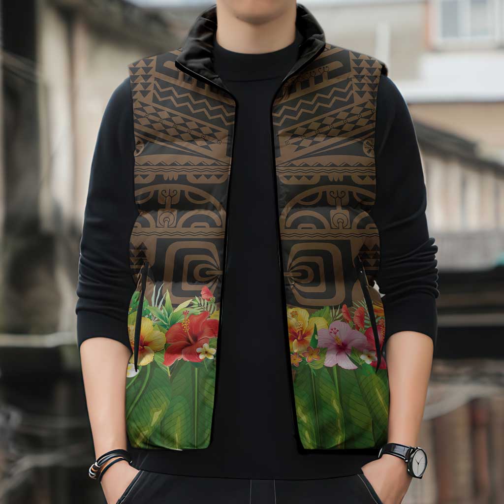 Hawaiian Hula Costume Sleeveless Puffer Jacket Tribal Tattoo and Tropical Plants Skirt - Polynesian Pride