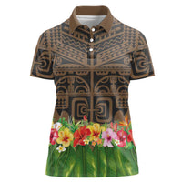 Hawaiian Hula Costume Women Polo Shirt Tribal Tattoo and Tropical Plants Skirt LT03 Female Brown - Polynesian Pride