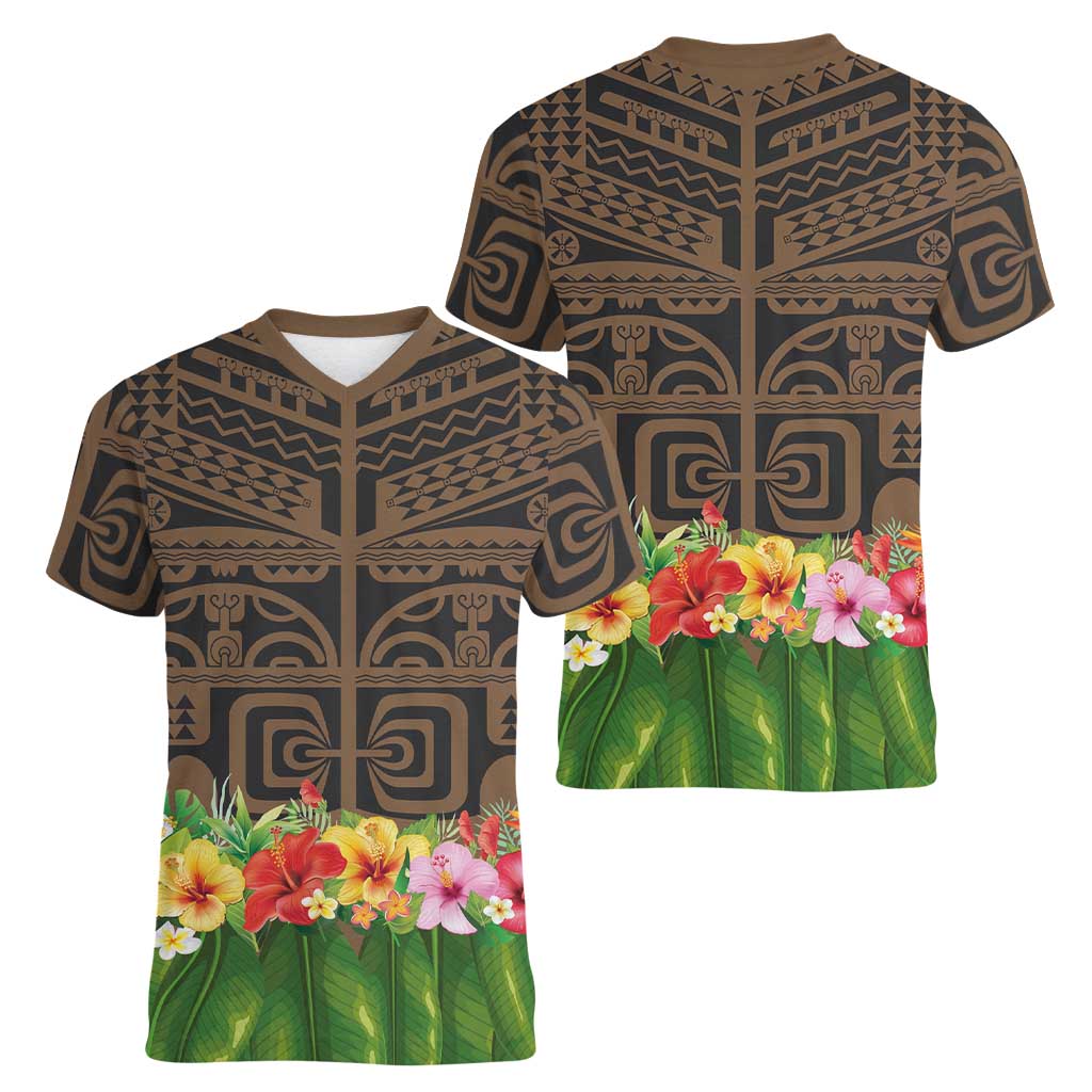 Hawaiian Hula Costume Women V-Neck T-Shirt Tribal Tattoo and Tropical Plants Skirt LT03 - Polynesian Pride