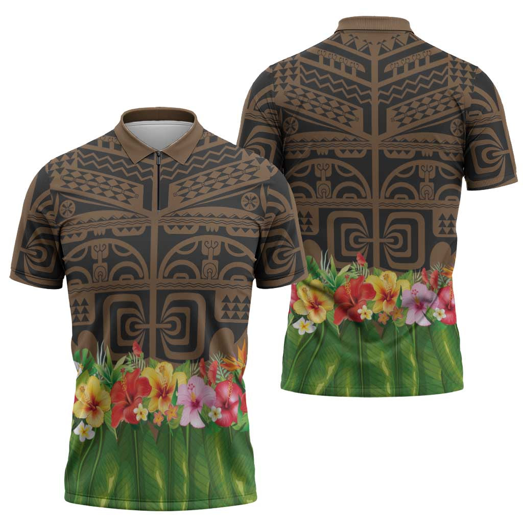 Hawaiian Hula Costume Zipper Polo Shirt Tribal Tattoo and Tropical Plants Skirt - Polynesian Pride