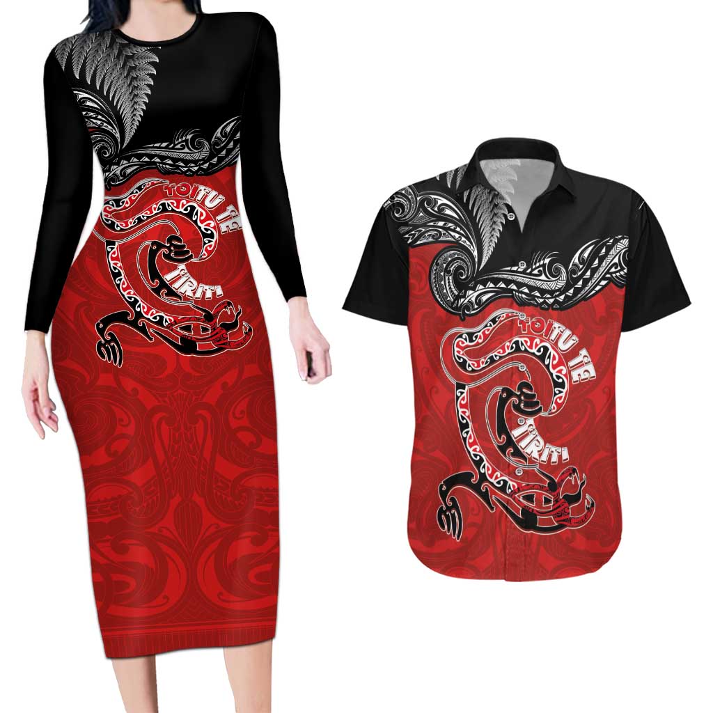 Personalised Aotearoa Toitu Te Tiriti Couples Matching Long Sleeve Bodycon Dress and Hawaiian Shirt Taniwha Tribal Motifs LT03 Multicolor - Polynesian Pride